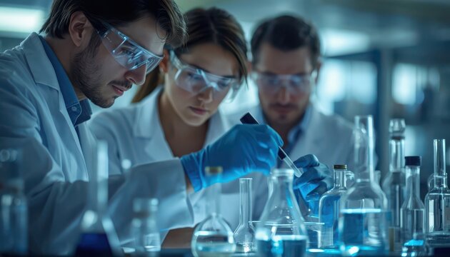 Colleagues wearing safety glasses and blue gloves collaborate on a chemistry experiment involving various glass beakers and flasks in a professional laboratory.