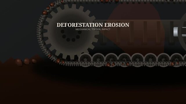 Conceptual animation showing the mechanical impact of tracked vehicles on topsoil causing deforestation erosion structural compaction and irreversible ecological shift