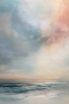Fine Art. Abstract fine art oil painting showing a seascape with gentle waves and a cloudy sky at sunset, reflecting calm and peaceful emotions