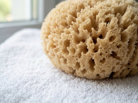Organic beige shower sponge showing detailed texture resting gently on fresh white cotton fabric