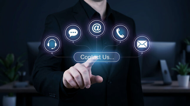 Businessman touching a digital contact us button with interactive communication icons