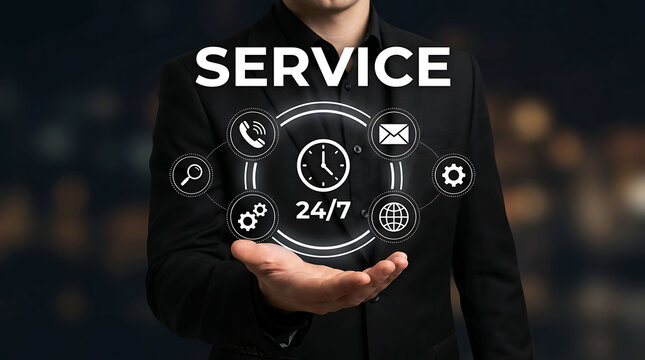 Businessman holding virtual service icon with 24 hours support and assistance
