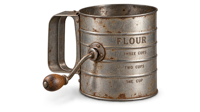 Vintage flour sifter with wooden handle and measuring marks, a rustic kitchen tool , Transparent Background, AI generative