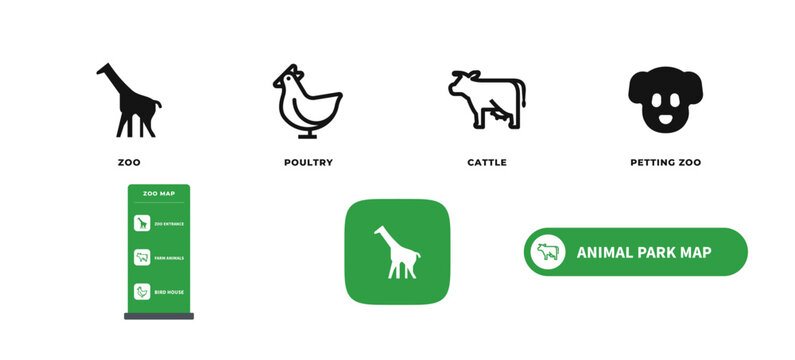 Zoo map icon set animal park petting zoo and bird house signs