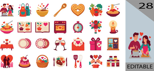 Fototapeta premium Collection of 28 romantic couple cooking illustrations with kitchen food love heart designs vector editable