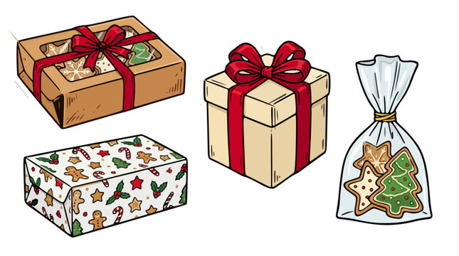 Holiday cookie packaging vector set with tin box paper bags ribbon tags