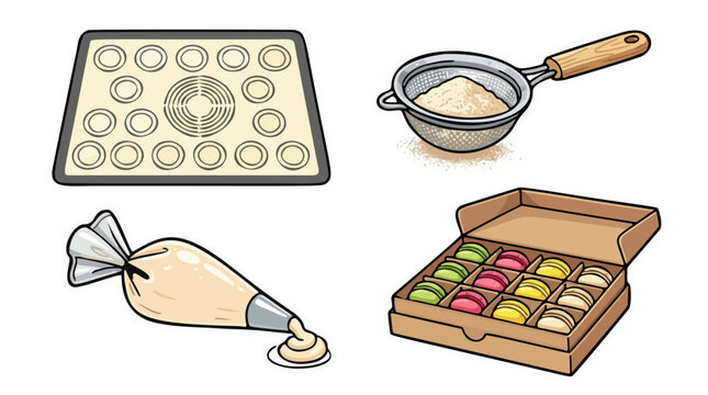 French macaron baking tools vector set with silicone mat piping bag spatula