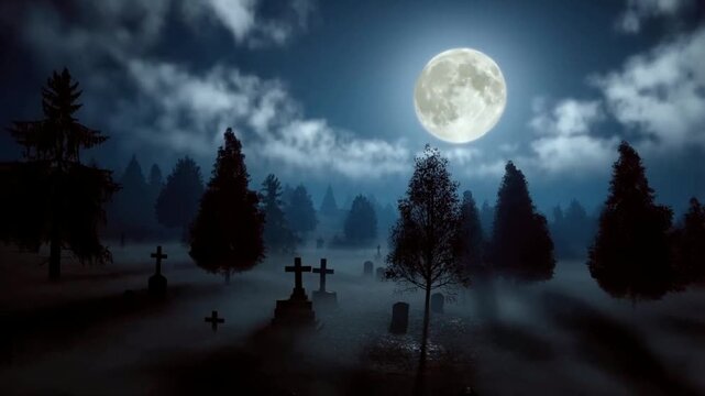 Misty Haunted Cemetery Under Full Moon with Halloween Night Background