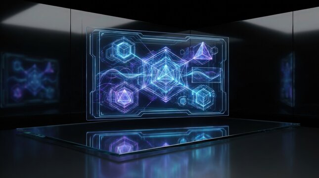 Futuristic transparent digital interface displaying glowing data visualization in a dark room setting.