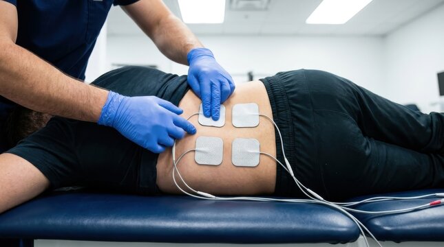 Physiotherapist applying electrodes on patient's back for electrotherapy treatment