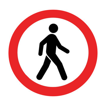 Minimalist pedestrian crossing traffic sign icon with a black walking figure inside a red circle isolated on a white background, road safety concept