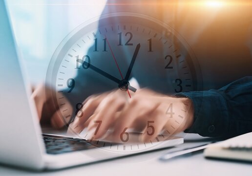 Business professional hands typing on laptop with clock overlay for time management and corporate deadline pressure