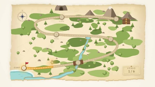Illustrated quest map trail unlocking six stages from camp to a summit treasure chest