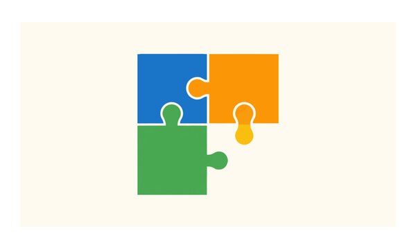 Four colorful interlocking geometric puzzle pieces forming a perfect square on a white background, representing cooperation and business teamwork concept