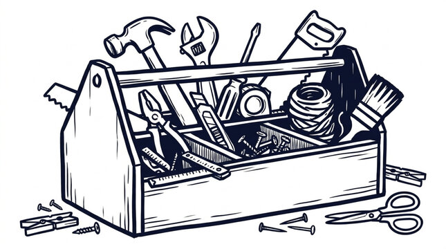 Wooden tool box filled with hand tools outline vector illustration isolated on white background
