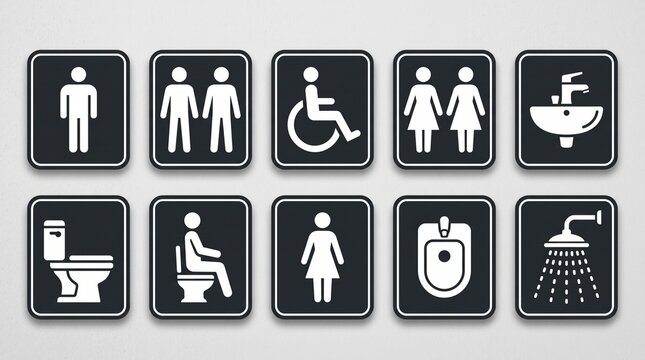 Restroom signs set black and white vector icons for public toilet and bathroom navigation