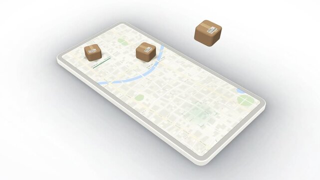 Parcel boxes dropping onto delivery stops on an isometric phone map with timing progress