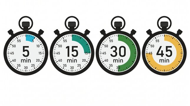 Set of stopwatch timer icons with 5 15 30 and 45 minutes flat vector illustration