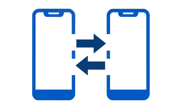 Two smartphone silhouettes with arrows for mobile data exchange and digital interaction on white background mobile technology concept