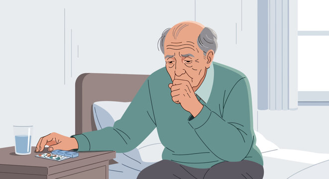 Elderly Man Coughing While Sitting In Bed With Medication