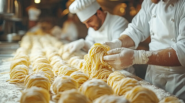 Chefs preparing fresh pasta, skilled hands making tagliatelle noodles in a professional kitchen, Italian cuisine.