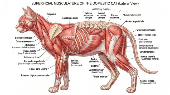 Detailed superficial musculature diagram of a domestic cat in lateral view cat anatomy