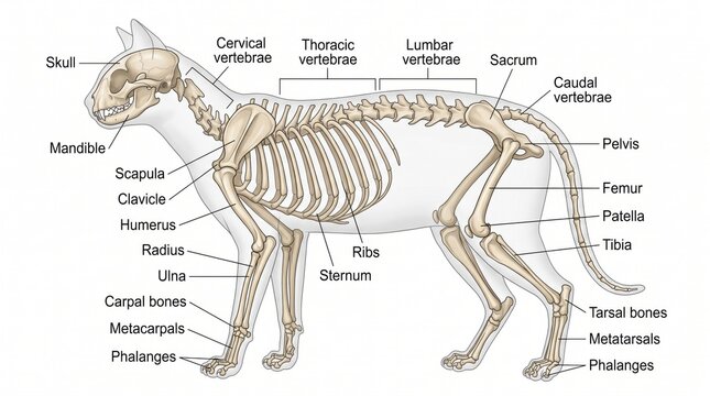 Detailed diagram of domestic cat skeletal system anatomy with bone labels cat anatomy