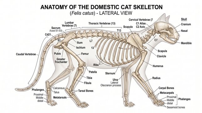 Detailed anatomy of domestic cat skeleton lateral view educational diagram with labels cat anatomy