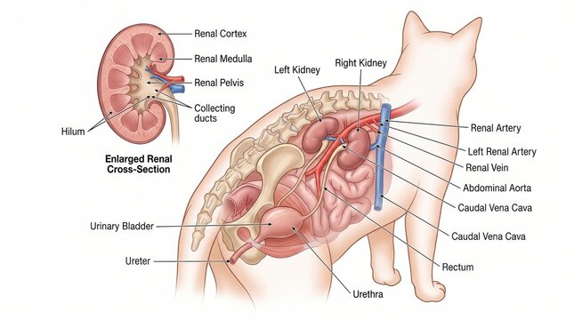 Detailed diagram of cat feline urinary system and kidney crosssection cat anatomy