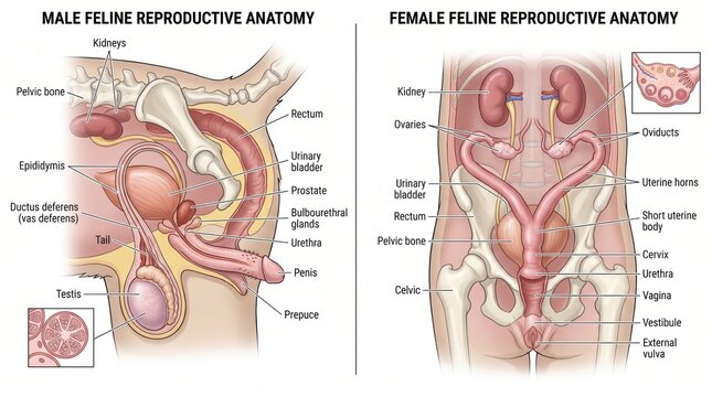 Detailed male and female cat feline reproductive anatomy scientific diagram illustration cat anatomy