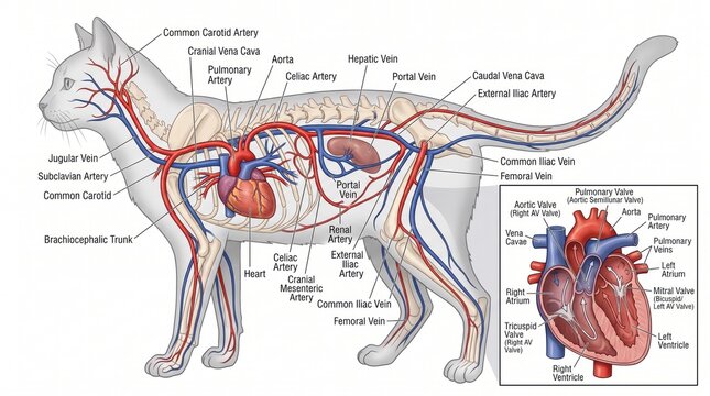 Detailed illustration of cat feline circulatory system showing arteries veins and heart cat anatomy