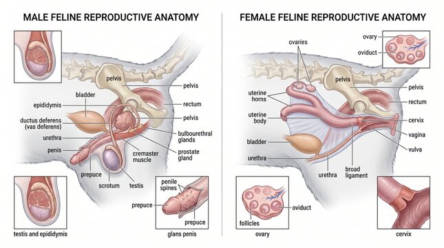 Detailed male and female cat feline reproductive anatomy veterinary medical illustration with labels cat anatomy