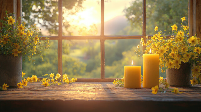 Cozy Window View with Yellow Candles and Flowers at Sunrise, Peaceful Nature Scene