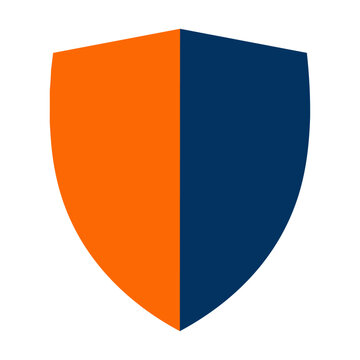 Symmetric v-shaped chevron shield icon with split orange and blue halves isolated on white background minimalist geometric concept