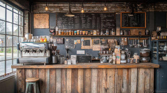 Rustic Coffee Shop Interior with Espresso Machine, Counter, and Menu Board - Cozy Cafe Ambiance