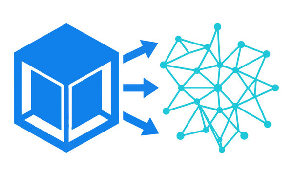 Abstract blue hexagonal prism transforming into a cyan wireframe network with arrows, isolated on white. Digital transformation concept