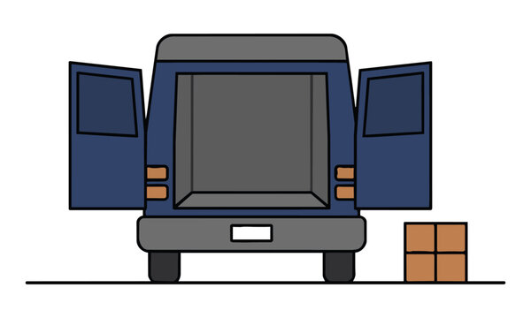Rear view of a compact cargo van with open doors and a single delivery package on the ground isolated on a white background, logistics and shipping concept