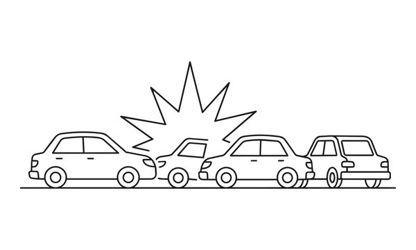 Three minimalist stylized automobiles in a minor traffic collision with a central abstract starburst impact shape on a white background, road accident concept