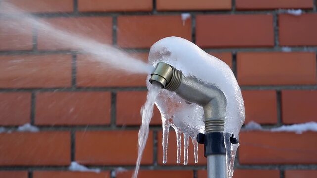 氷に覆われた屋外水栓の継ぎ目から水が噴き出す凍結による水道管の破損