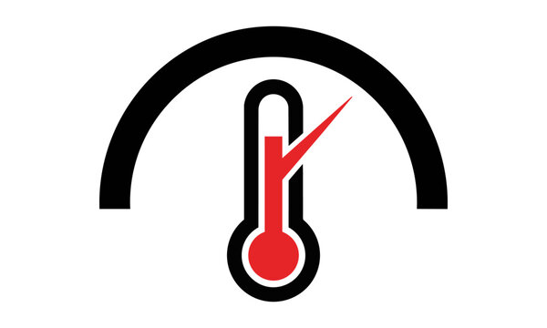 Minimalist temperature gauge icon with a black thermometer silhouette and red indicator needle on a white background, measurement concept