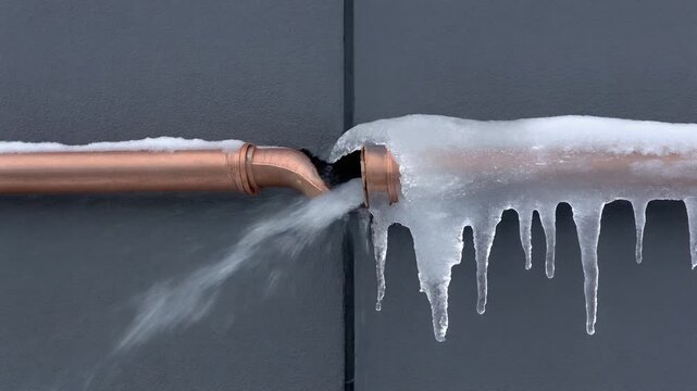 凍結で破裂した外壁の銅管から水が勢いよく噴き出す冬の水道トラブル