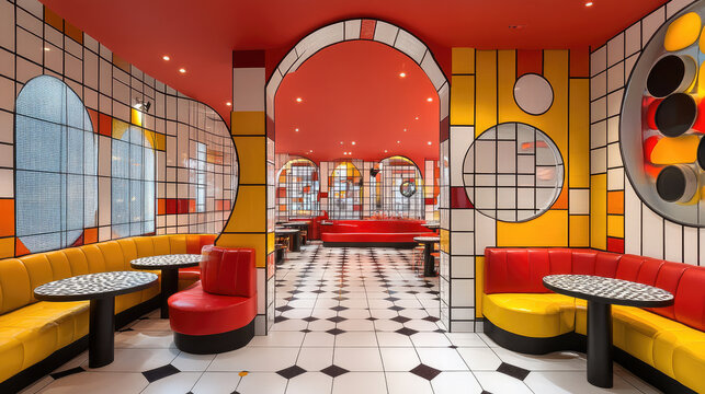 Vibrant Retro Diner Interior with Bold Geometric Patterns and Red and Yellow Seating