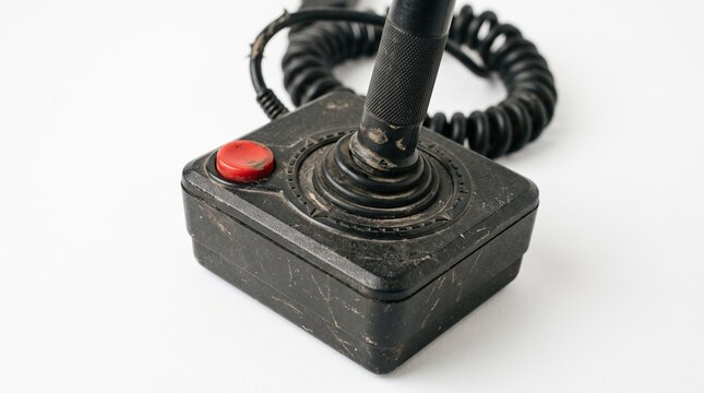Vintage Video Game Controller with Red Button and Coiled Cable on White Background