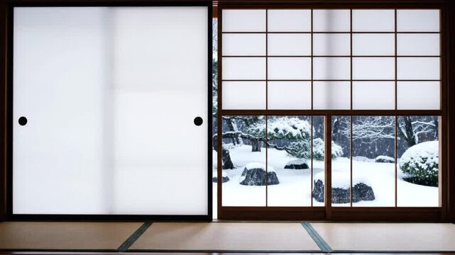 Snow falling in peaceful Japanese garden seen through open sliding shoji screen in traditional tatami room