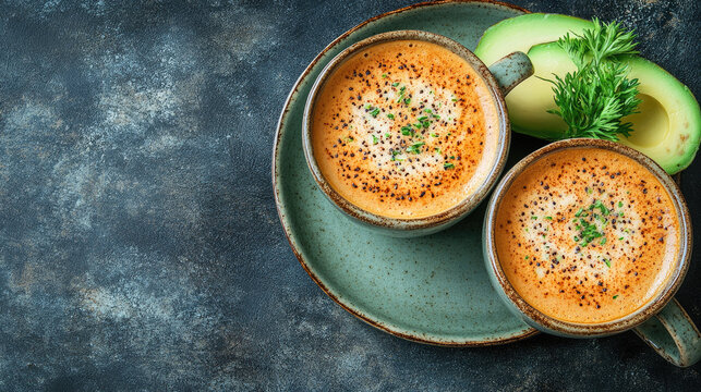 Healthy Avocado Cream Soup with Herbs and Spices, Served in Rustic Bowls