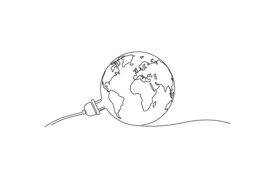 Continuous line art globe with electric plug for green energy