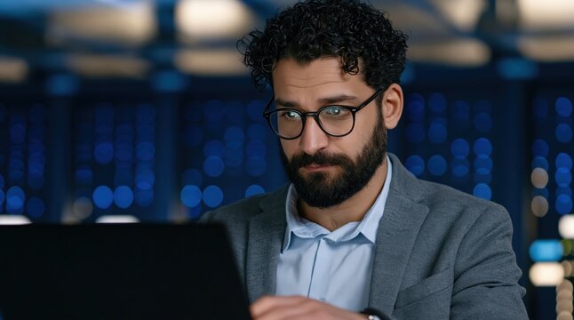 Business man professional working on laptop in dark office with technology data server lights and computer tech