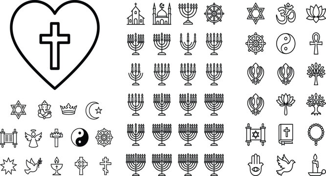 World Religion Line Icons Set with Heart Cross Menorah and Lotus