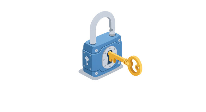 Isometric illustration of a blue padlock with a golden key inserted, isolated on white background