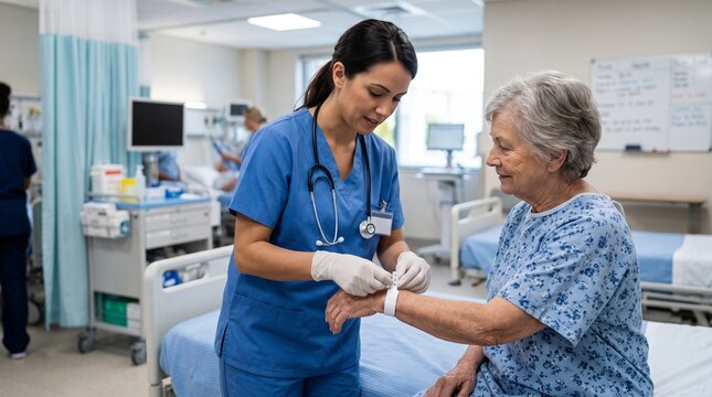 Nurse Attaching Identification Band to Elderly Patient's Wrist in Hospital Room